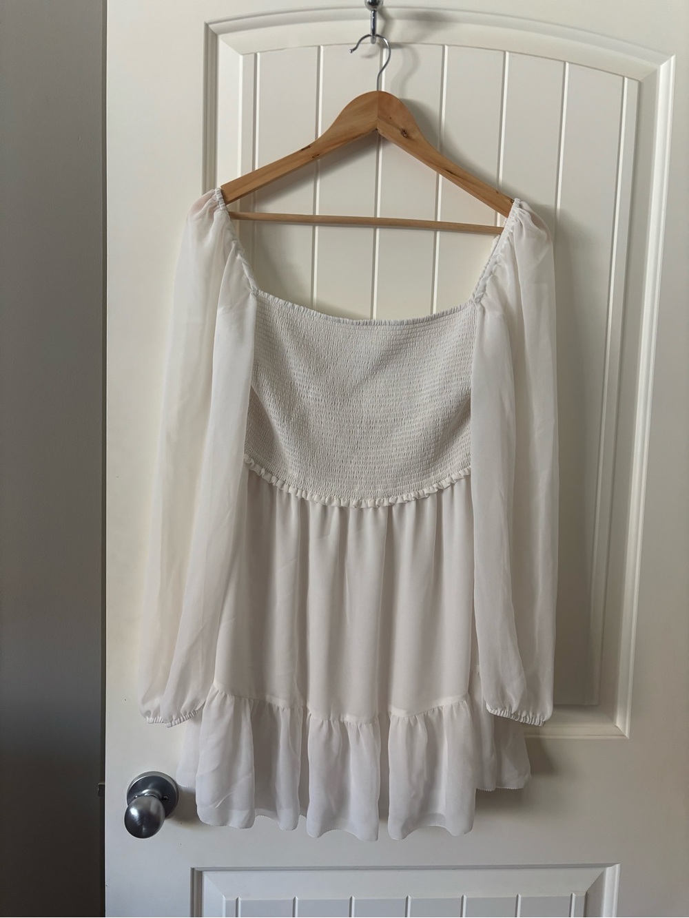 Aritzia Wilfred Tempest Mini Dress | White Smocked Long Sleeve Chiffon Dress L